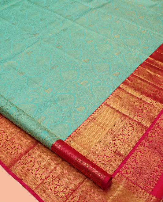 Turquoise Kanchipuram Wedding Silk Saree, Enriched with Jacquard Design, Contrast Border of Thilakam Mokku, Kathir, Mayil Kann, and Kodi Visiry, Jaal Pallu, and a Contrast Blouse