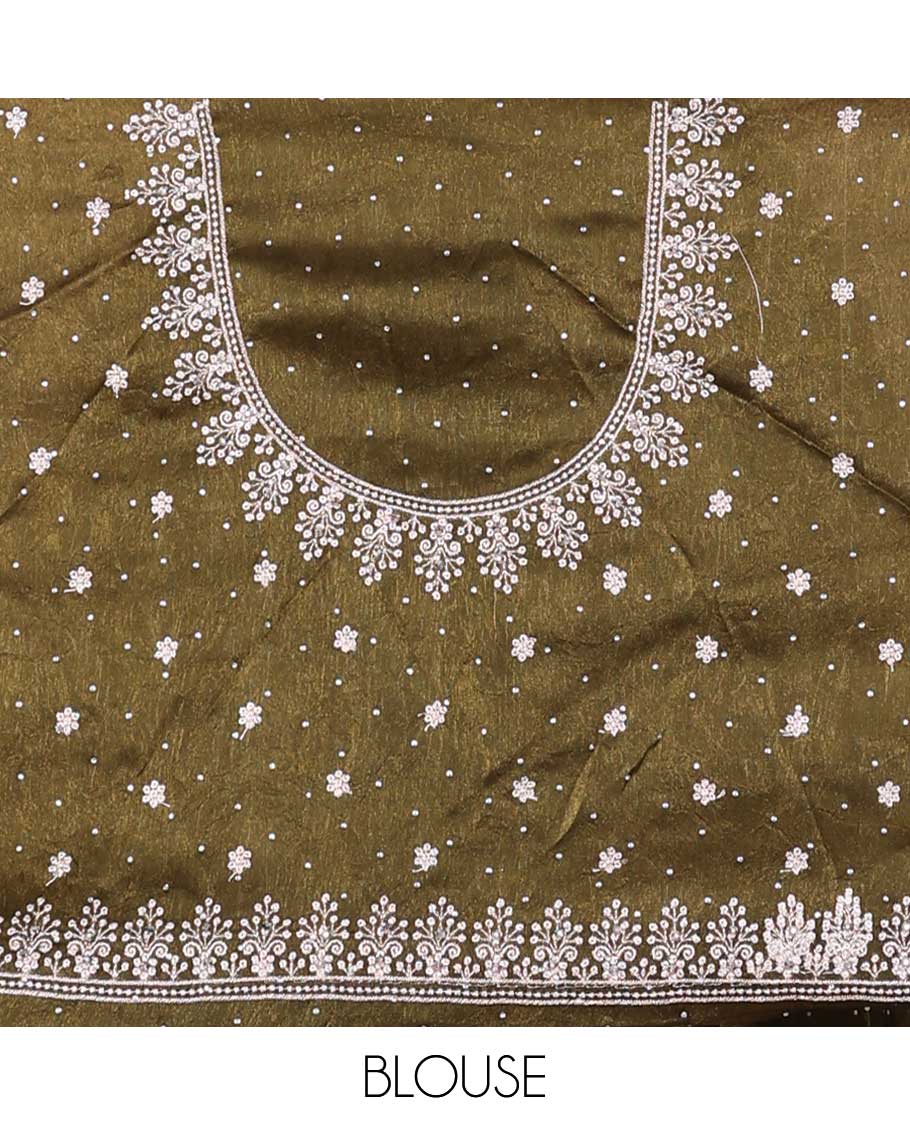 Olive green floral, peacock embroidery organza half saree with embroidered blouse & floral embroidery, scallop border dhavani
