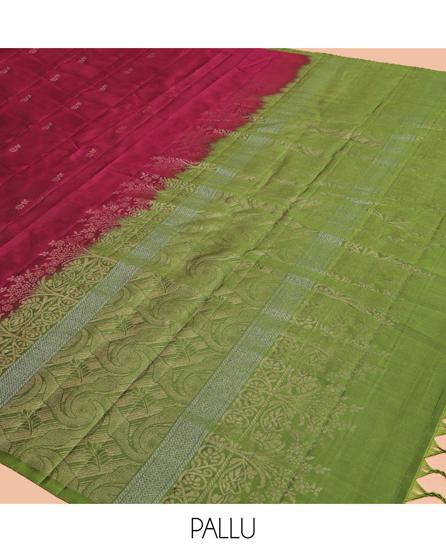 Wine Mayuri Lite Silk Mix Saree, Sparsely Woven with Buttas, Complemented by Contrast Border of Kodi Visiry, and Mayil Kann, Intricate Pallu, and a Contrast Blouse