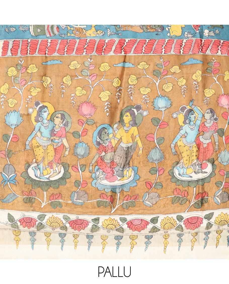 Blue Village-Themed Pen Kalamkari Silk Saree, Adorned with a Contrast Border, and a Contrast Blouse