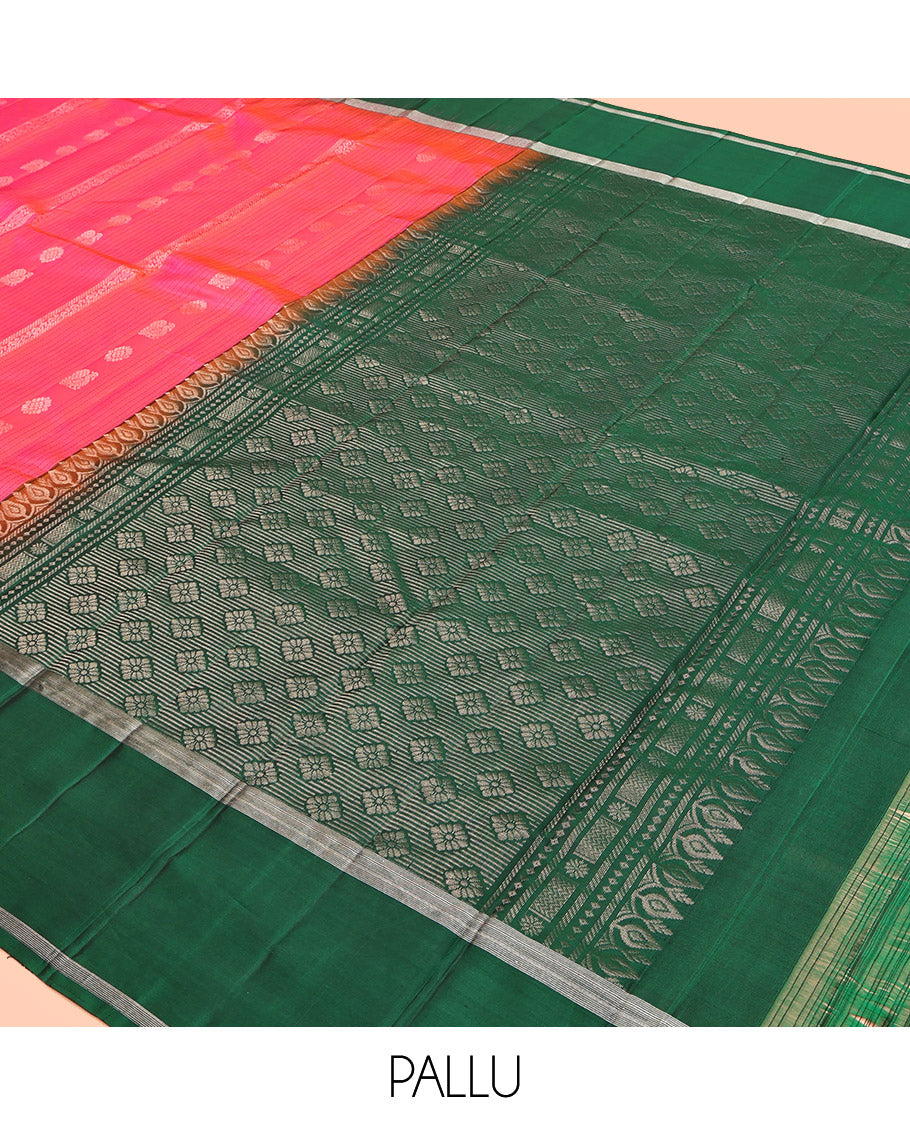 Pink Kanchipuram Silk Saree, Sparsely Woven with Buttas and Stripes, Complemented by a Contrast Bodi Border, Grand Pallu, and a Contrast Blouse