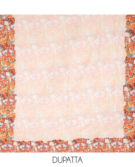 Cream Semi-Silk Material Chudidar, Kerala Kathakali Printed Top, Santoon Bottom, and Printed Dupatta