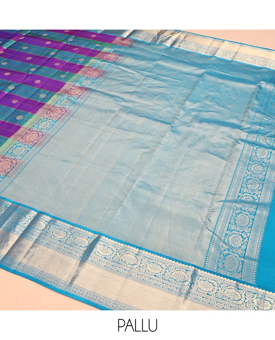 Blue-Purple Vasundhara Silk Saree, Adorned with Buttas and Stripes, Contrast Kodi Visiry Border, Rich Pallu, and Contrast Blouse