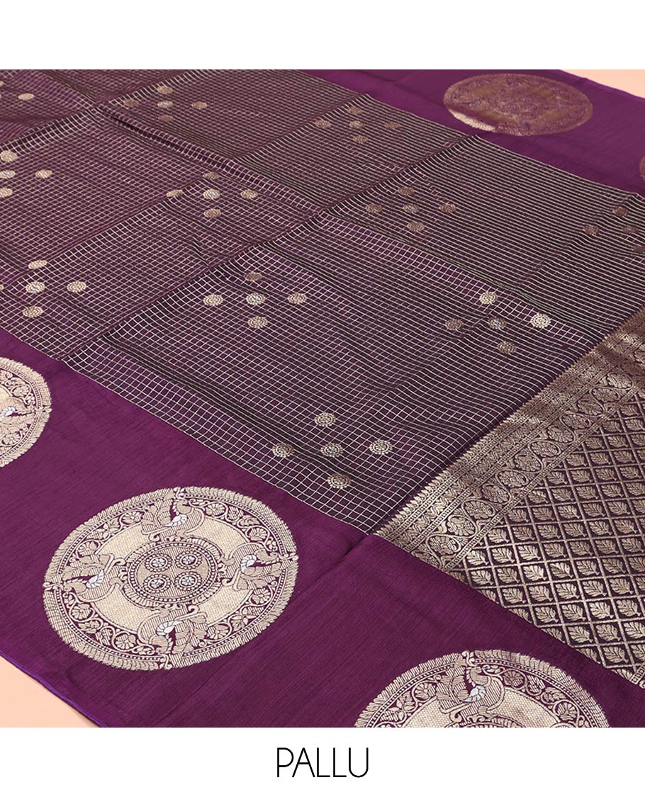 Dark Purple H O-Silk Saree, Beautifully Decked up with Zari Buttas and Zari Checks On Its Body, Accentuated with Contrast Big Chakram Motifs Woven Border, Grand Jaal Design Woven Pallu, and Paired with a Checked Blouse