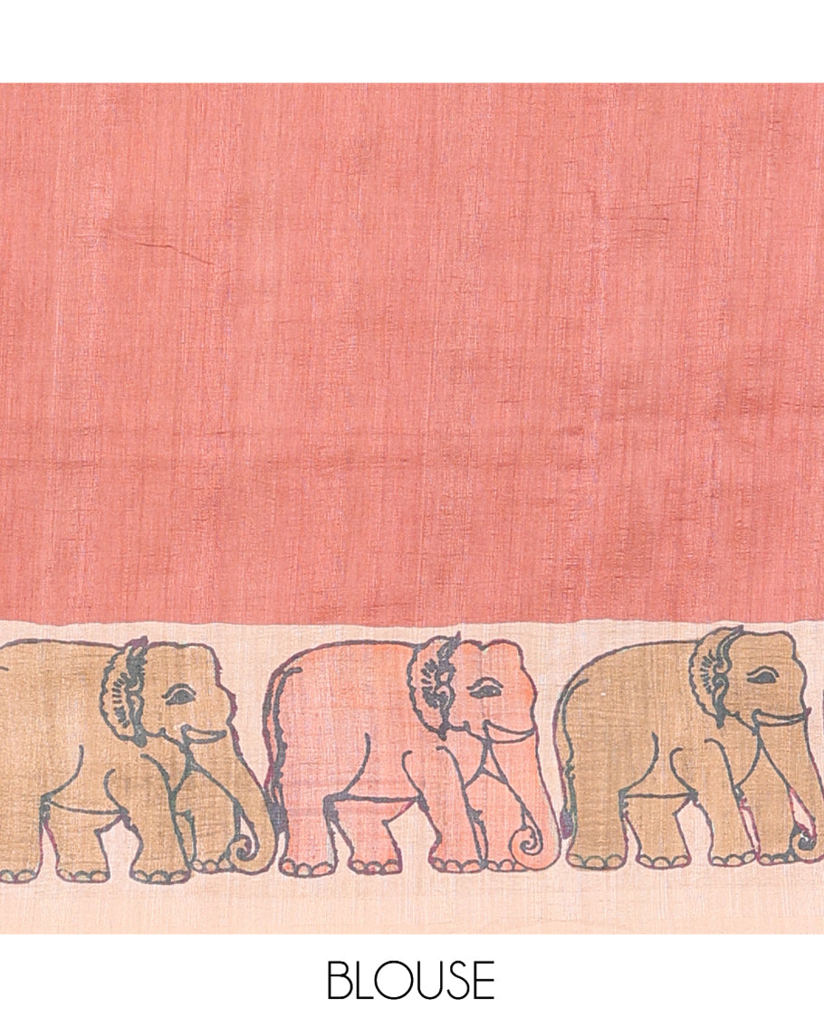 Brown Fancy Tussar Saree Features Kalamkari Floral and Animal Print, Contrast Elephant Border, Kalamkari Pallu, and a Contrast Blouse