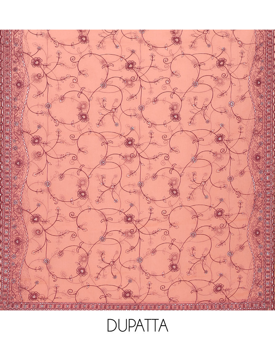 Dusky Magenta Material Chudidar Set Adorned with Embroidered Organza Chiffon Top, Subtly Made Plain Santoon Bottom, and a Organza  Dupatta Featuring Floral Jaal Embroidery