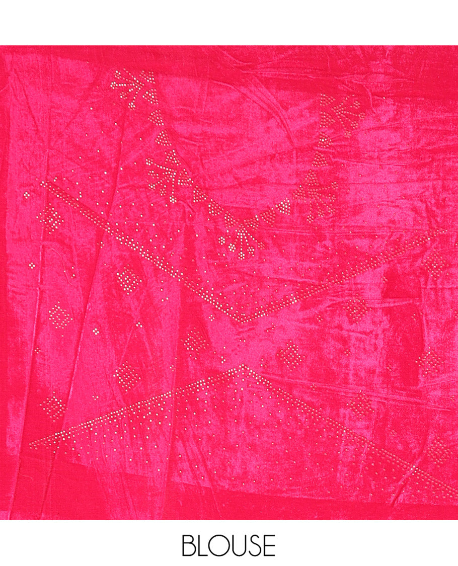 Pink Velvet Half-Saree, Adorned with Swarovski Stonework Skirt, Matching Stonework Blouse, Contrast Net Dhavani