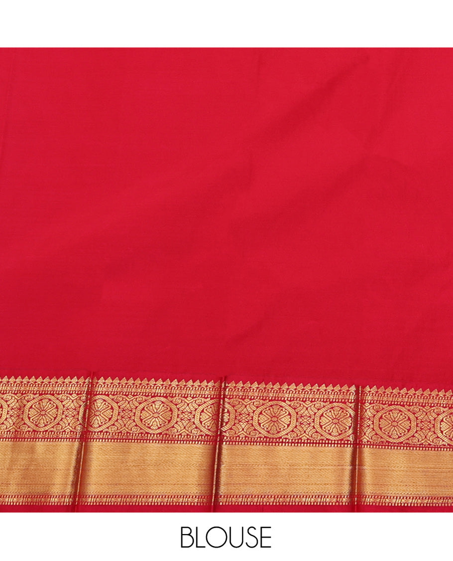 Yellow Budget Silk Saree, Subtly Sparkled with Buttas and Stripes on Its Body, Complemented by a Contrast Traditional Zari Design Border, Geometric-Patterned Pallu, and Paired with a Contrast Blouse