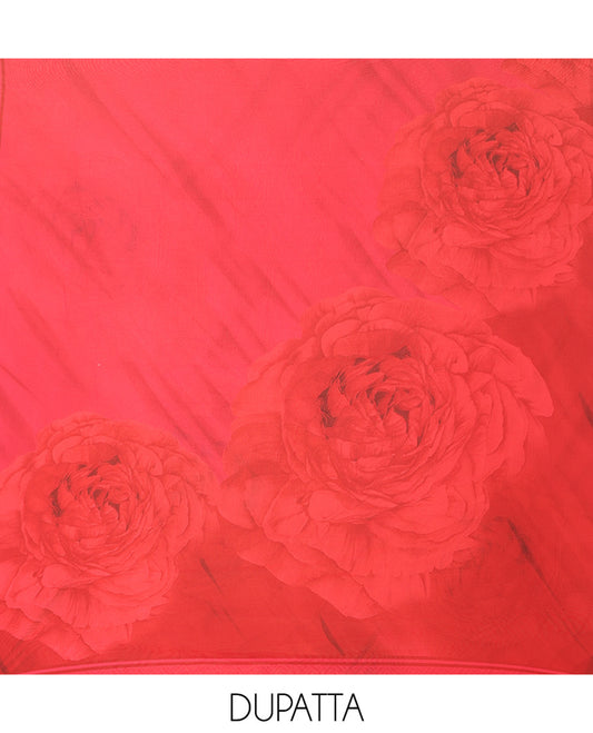 Orange Material Chudidar Set, Elegantly Decked with Elegant Rose-Theme Abstract Print on Its Italian Crepe Top, Subtly Made Italian Crepe Bottom, and Georgette Dupatta of Rose Print