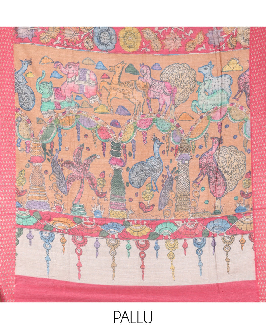 Blue Plain Fancy Tussar Saree, Complemented by a Contrast Triangle Motif Border, Kalamkari Flora-Fauna Printed Pallu, and a Contrast Blouse