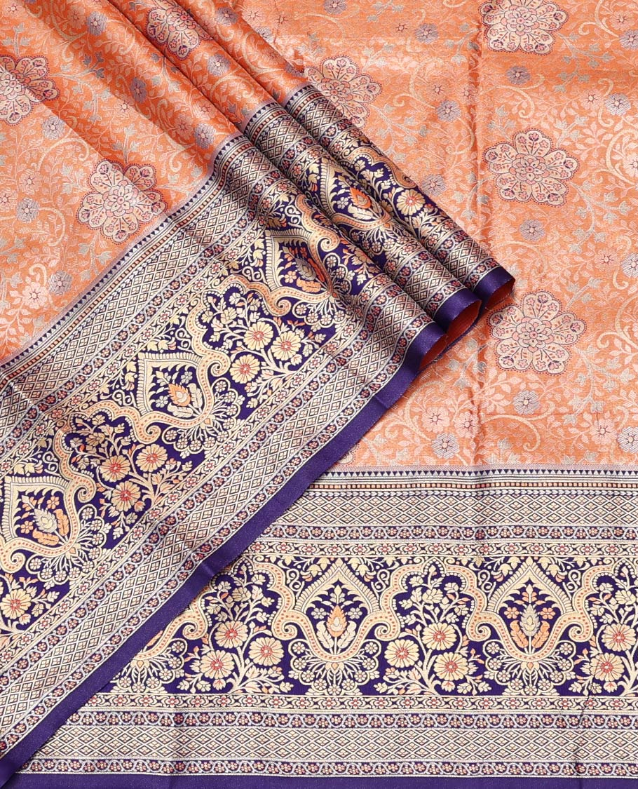 Orange Art Silk Material Half Saree Set, Adorned with Jacquard Design Skirt, a Contrast Meenakari Border, Contrast Blouse, and an Intricately Designed Dhavani