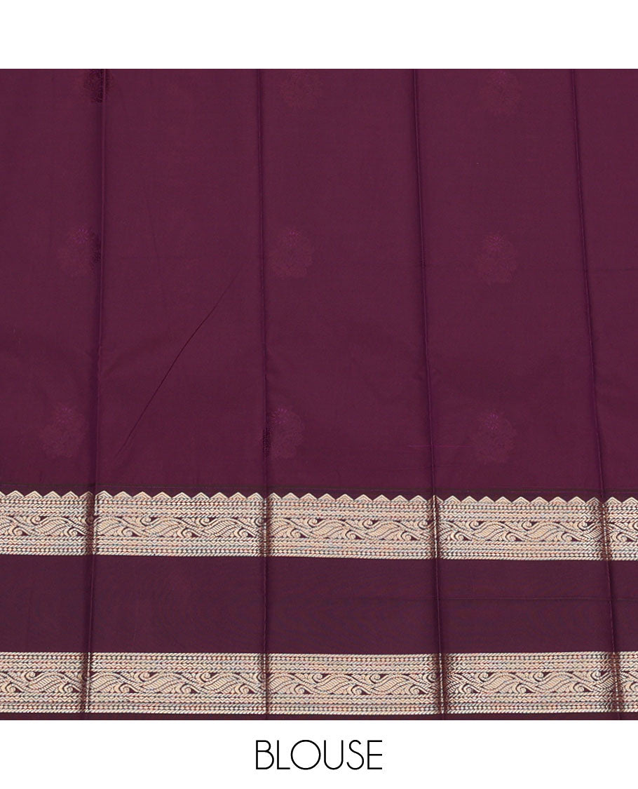 Red Budget Silk Saree, Adorned with Zari Buttas, Complemented by Contrast Traditional Design Rettai Pettu Border, Grand Pallu, and a Contrast Blouse