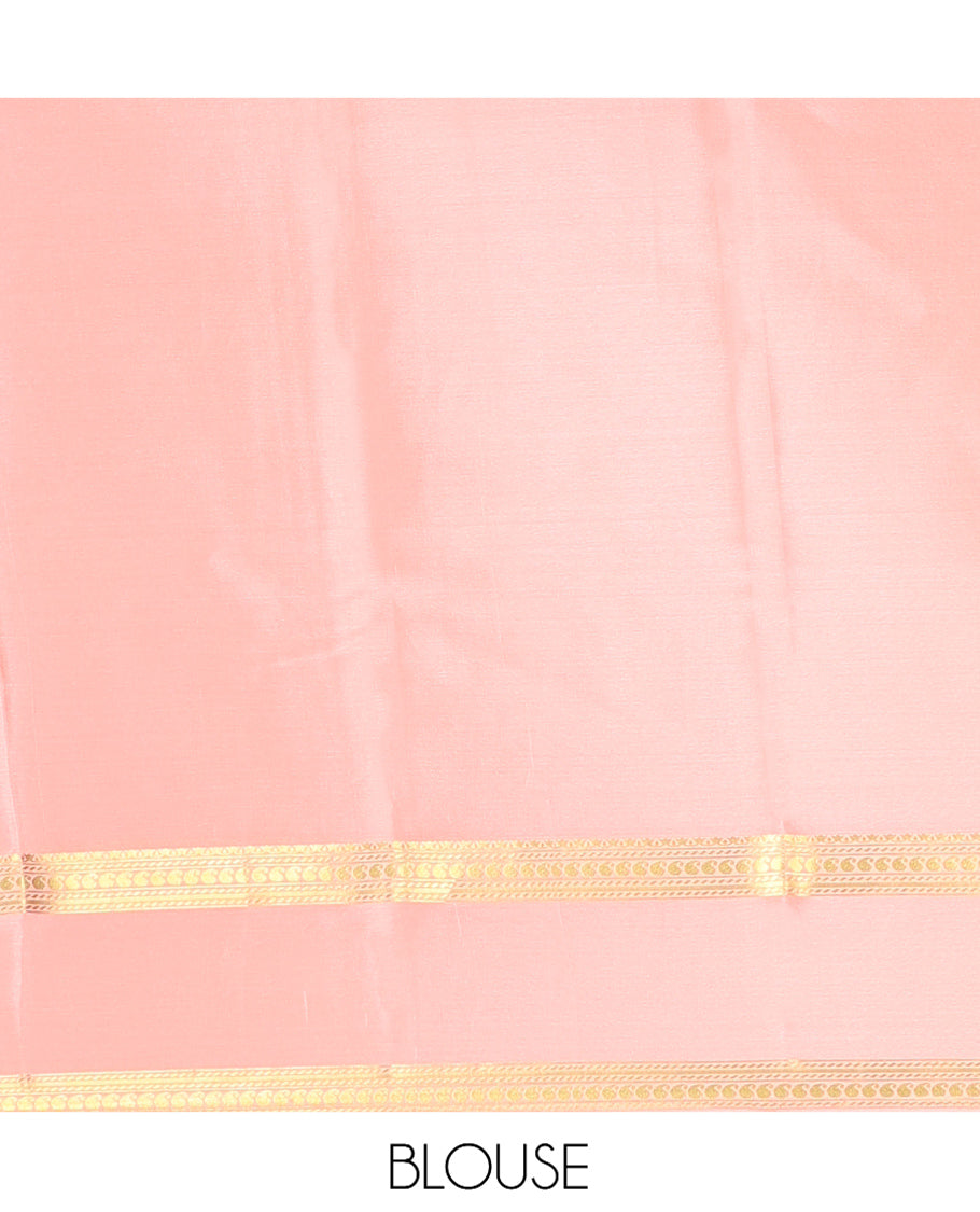 Purple Plain Mysore Silk Saree, Complemented by a Contrast Traditional Zari Border, Zari Striped Pallu, and a Contrast Blouse
