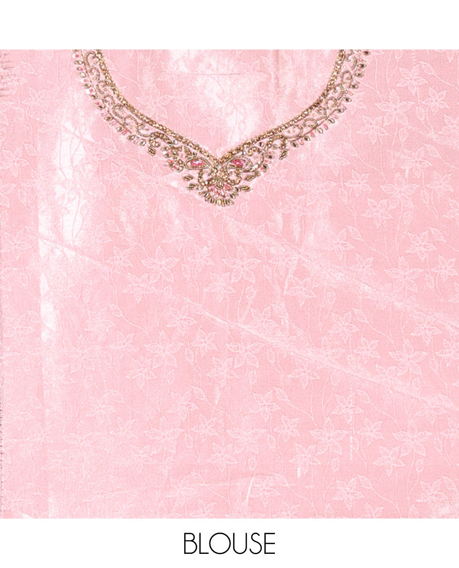 Onion Pink and Rani Pink Half-Saree Set, Subtly Sparkled with Floral Vine Design on Its Banarasi Skirt, Complemented by Contrast Meenakari Floral Design with Embroidered Border, Matching Blouse, and Paired with a Banaras Dupatta