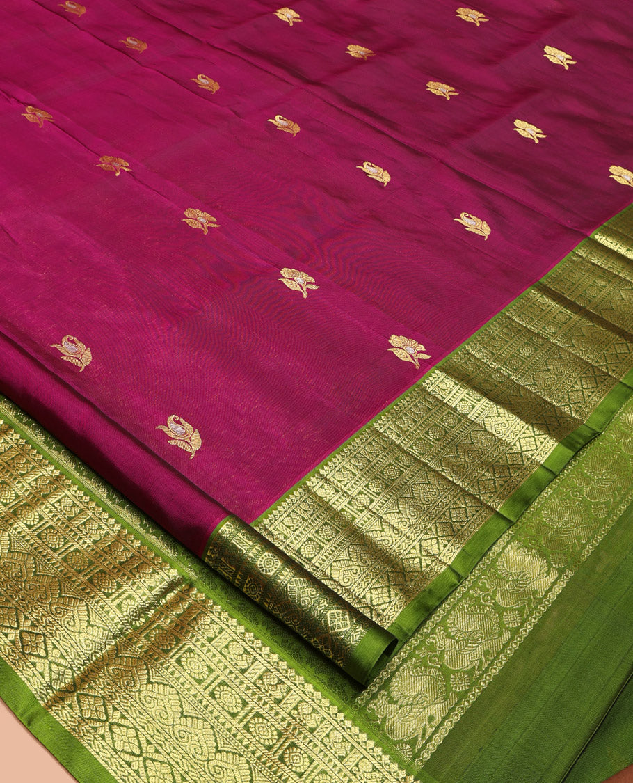 Purple Venkatagiri Silk Saree, Accentuated with Zari Buttas All Over Its Body, Complemented by a Contrast Traditional Zari Design Border, Pallu of Floral Designs, and Paired with a Contrast Blouse