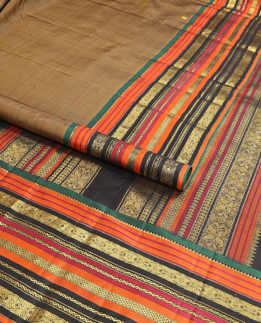 Brown buttas kancheepuram silk saree with contrast intricate zari design border & floral design pallu