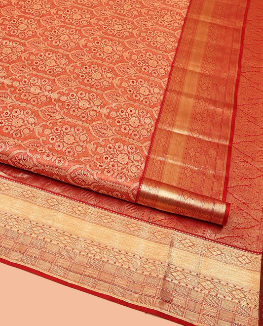 Red Kanchipuram Wedding Silk Saree, Enriched with Jacquard Designs on Its Body, Highlighted by Zari Border of Rekku, Diamond, and Mayil Kann Designs, Pallu of Intricate Designs, and Paired with a Matching Blouse