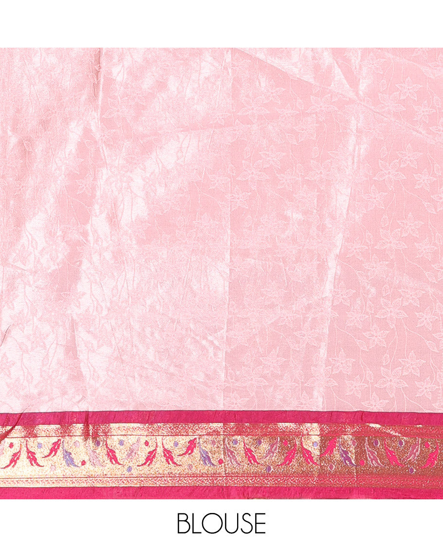 Onion Pink and Rani Pink Half-Saree Set, Subtly Sparkled with Floral Vine Design on Its Banarasi Skirt, Complemented by Contrast Meenakari Floral Design with Embroidered Border, Matching Blouse, and Paired with a Banaras Dupatta
