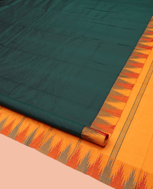 Green Plain Bangalore Silk Saree, Complemented by a Contrast Temple Border, Striped Pallu, and Contrast Blouse