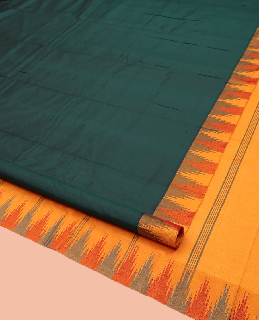 Green Plain Bangalore Silk Saree, Complemented by a Contrast Temple Border, Striped Pallu, and Contrast Blouse