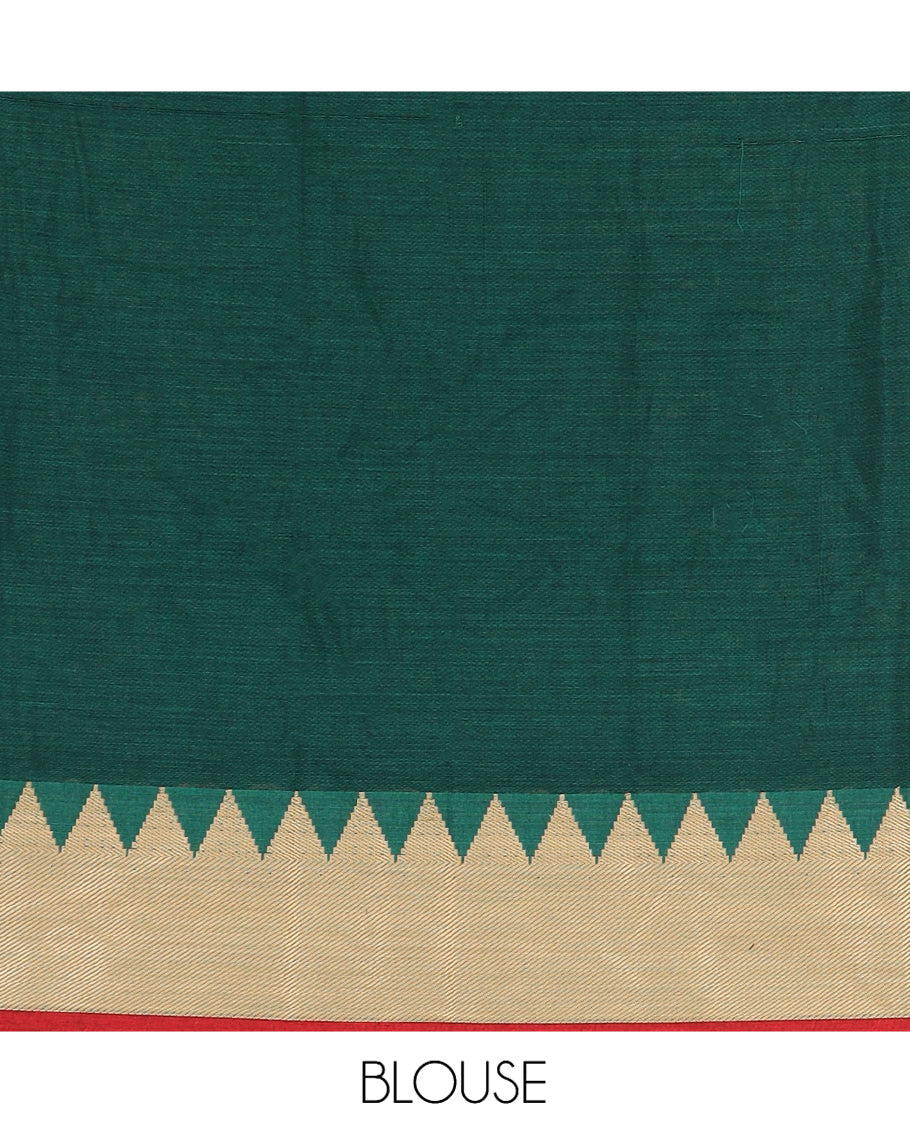 Green Mercerised Cotton Half-Saree, Plain Skirt, a Temple Border, a Matching Blouse, Contrast  Dhavani