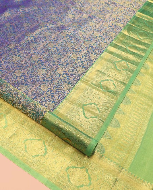 Blue Kanchipuram Wedding Silk Saree, Adorned with Floral Jaal Jacquard Design, a Contrast Border of Rekku, Kathir, and Kodi Visiry Design, Jaal Pallu, and a Contrast Blouse