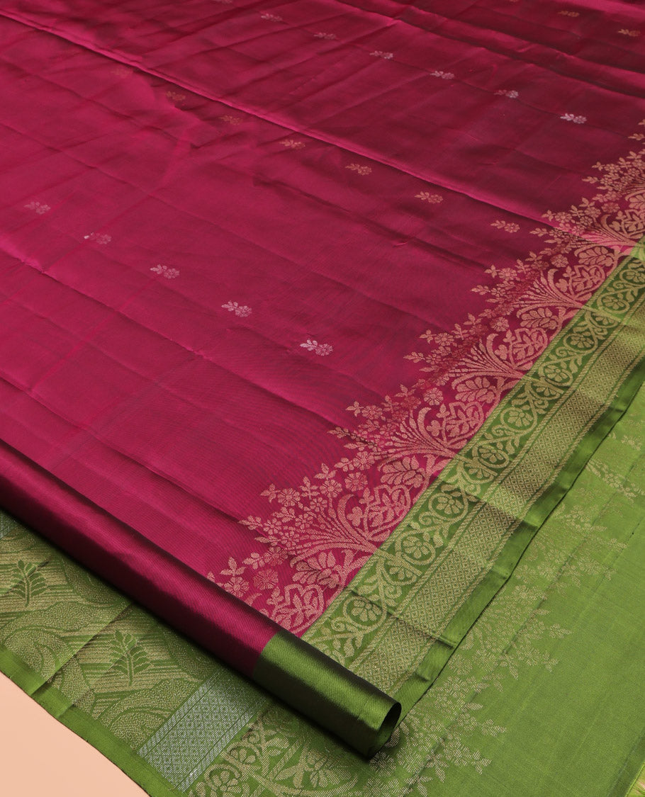 Wine Mayuri Lite Silk Mix Saree, Sparsely Woven with Buttas, Complemented by Contrast Border of Kodi Visiry, and Mayil Kann, Intricate Pallu, and a Contrast Blouse