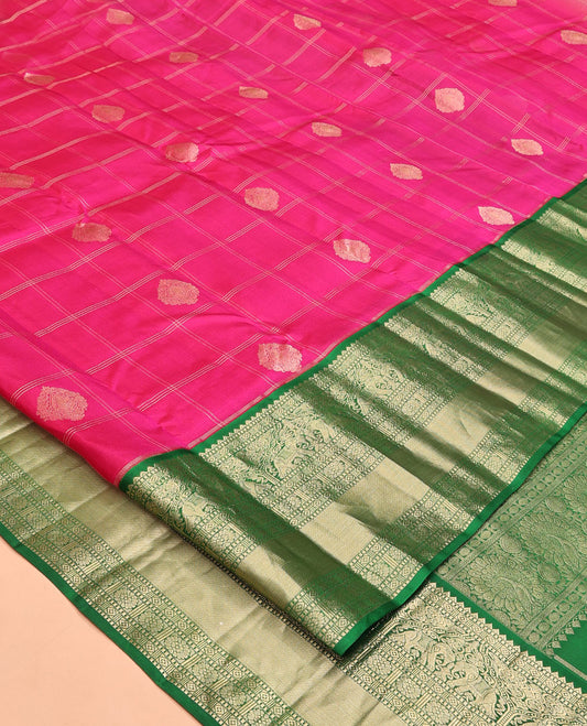 Pink Vasundhara Silk Saree, Embellished with Zari Butta Enclosed Checks, Contrast Border of Rekku, Diamond, Yaanai, and Chakram Designs, Floral Jaal Pallu, and a Contrast Blouse