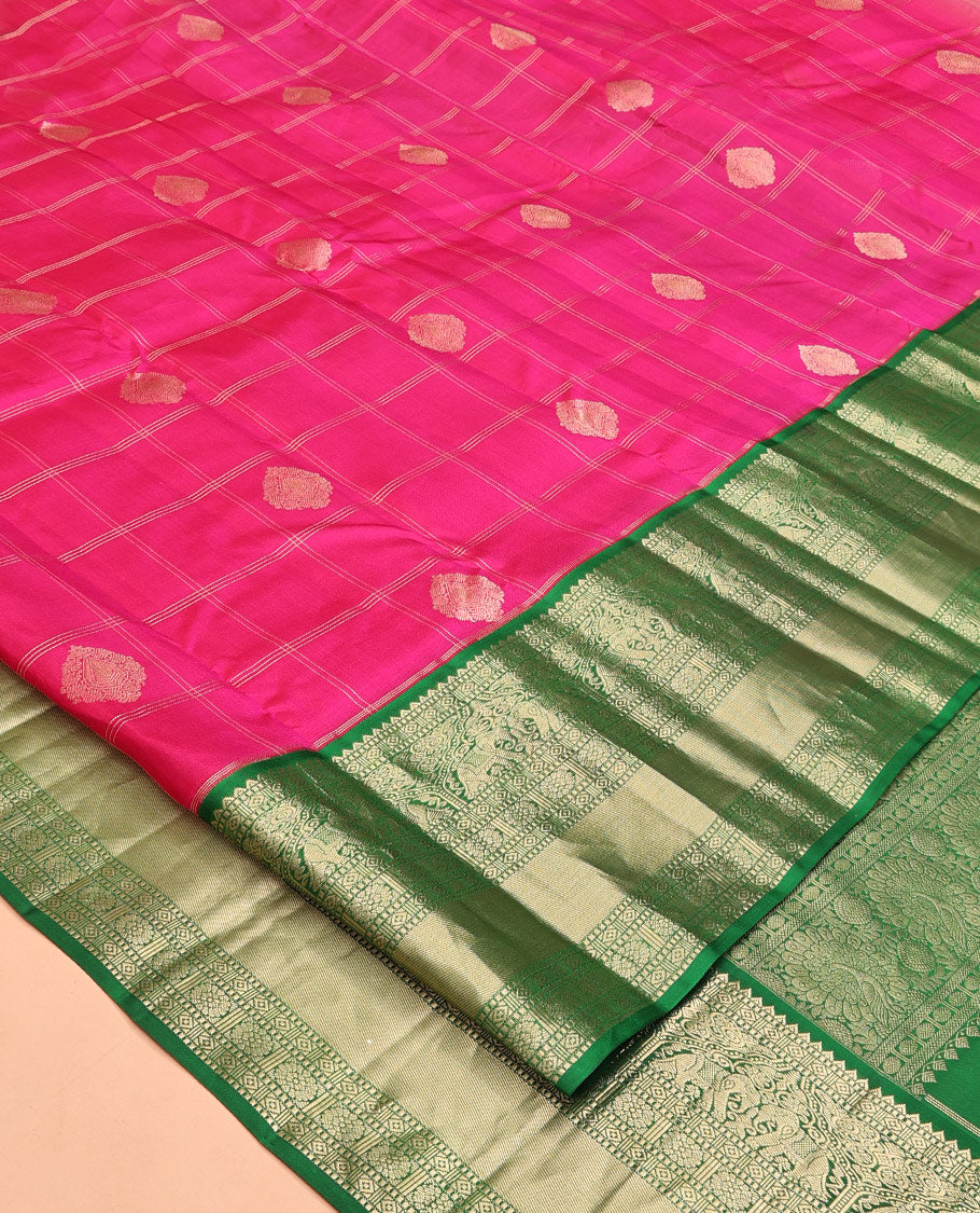 Pink Vasundhara Silk Saree, Embellished with Zari Butta Enclosed Checks, Contrast Border of Rekku, Diamond, Yaanai, and Chakram Designs, Floral Jaal Pallu, and a Contrast Blouse