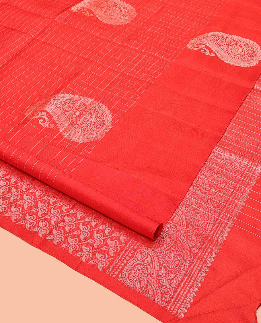 Red Mayuri Soft Silk Saree, Richly Detailed with Manga Buttas and Zari Checks On Its Body, Highlighted by Intricately Designed Pallu, and Paired with a Matching Blouse