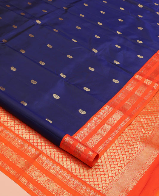 Blue Vasundhara Silk Saree, Enriched with Manga Buttas All Over Its Body, Complemented by Contrast Border of Mayil, and Yaanai Designs, Grand Pallu and Paired with a Contrast Blouse