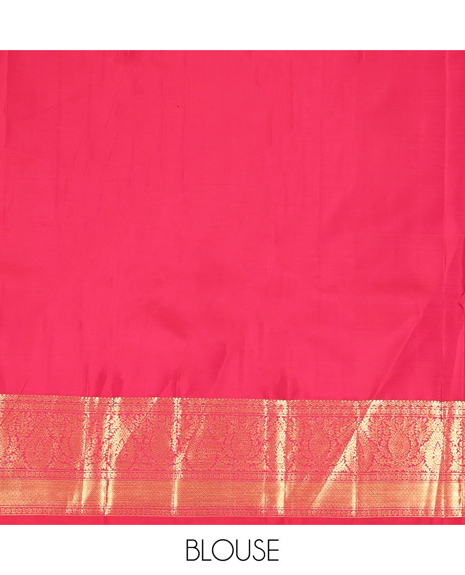 Orange Kanchipuram Silk Saree, Adorned with Zari Buttas All Over Its Body, Complemented by Contrast Border of Kamalam, Thilakam, and Mayil Kann Designs, Grand Jaal Pallu, and Paired with a Contrast Blouse