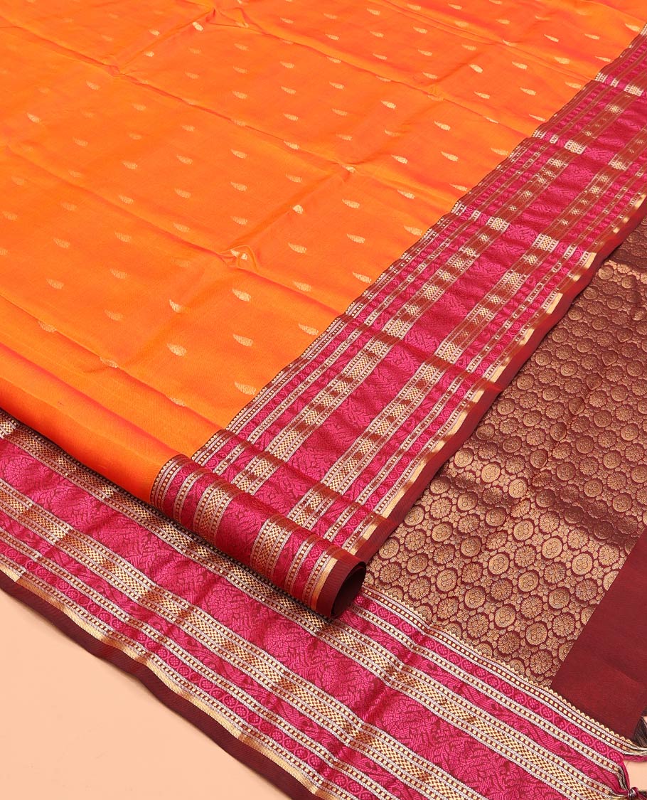 Orange Zari Buttas Vasundhara Lite Silk Mix Saree, Contrast Temple Traditional Border, Chakra Pallu, a Contrast Blouse