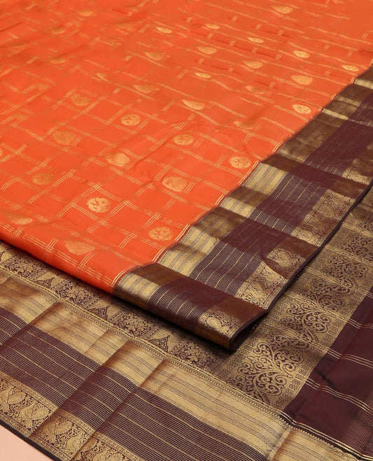 Orange Vasundhara Lite Silk Mix Saree, Adorned with Zari Butta Enclosed in Checks on Its Body, Complemented by a Contrast Border of Traditional Designs, a Grand Intricately Checked Pallu, and Paired with a Contrast Blouse