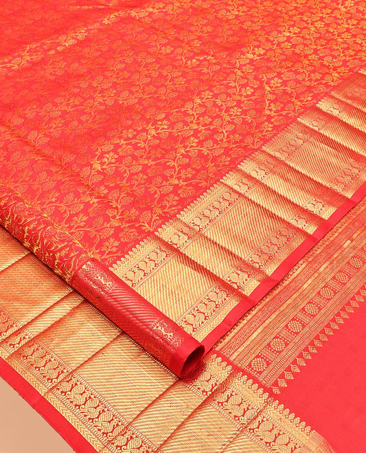Red Kanchipuram Wedding Silk Saree, Spotlighted with Jacquard Design, Zari Border of Thilakam Mokku, Kathir, and Mayil Designs, Grand Jaal Pallu, and a Matching Blouse