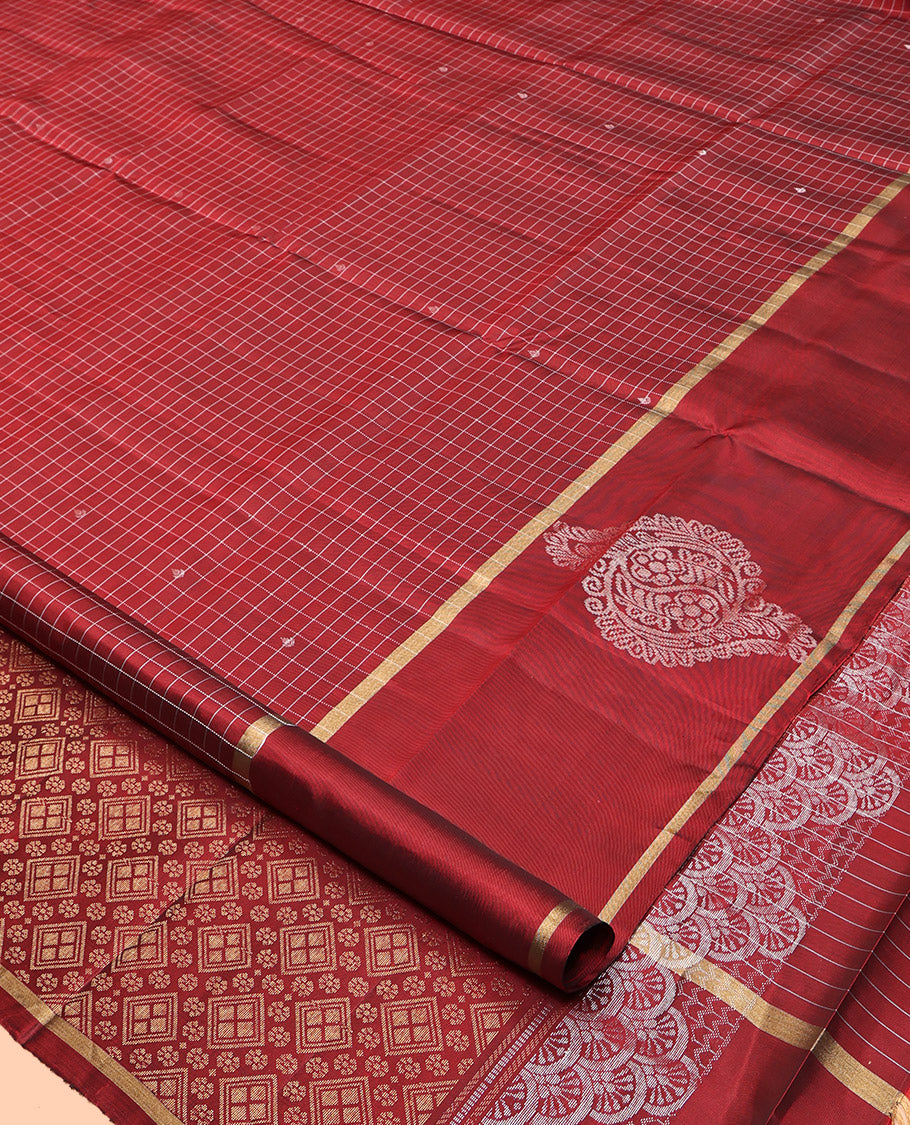 Dark Rust Mayuri Lite Silk Mix Saree, Subtly Sparkled With Buttas and Checks, Highlighted by Zari Border, Intricate Pallu and a Matching Blouse