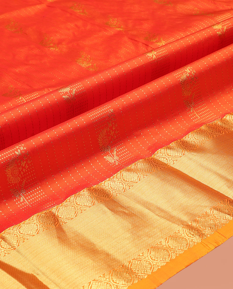 Orange Pure Silk Material Half Saree, Embellished with Zari Stripes and Zari Buttas Skirt, a Contrast Traditional Zari Border, and a Contrast Blouse