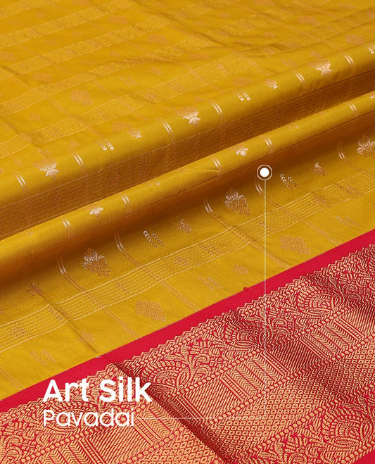 Yellow Art Silk Pavadai Material Set Featuring a Zari Butta Enclosed Checked Skirt, Complemented by a Contrast Traditional Zari Motifs Woven Border, and Paired with a Contrast Blouse