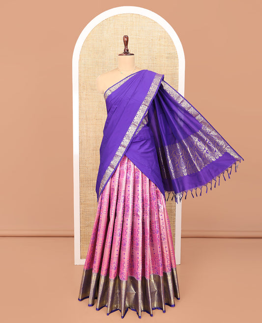 Pink Art Silk Material Half Saree Set, Embellished with Jacquard Design Skirt, a Contrast Traditional Zari Design Border, Contrast Zari-Jacquard Blouse, and a Dhavani of Paisley Designs