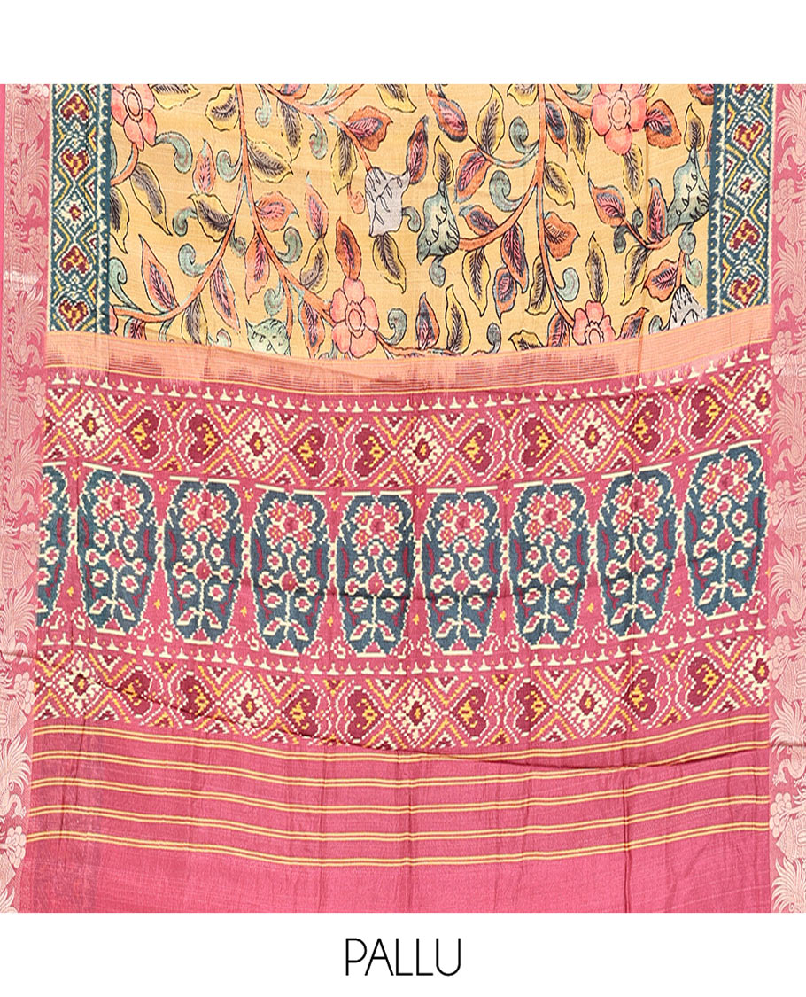 Yellow Kalamkari Saree, Adorned with Floral Vine Print, Complemented by Contrast Zari Woven Border, Ikkat Pallu, and a Contrast Blouse