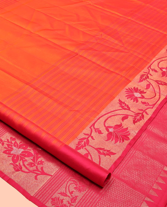 Orange Mayuri Soft Silk Saree, Subtly Sparkled with Stripes, Complemented by a Contrast Floral Creeper Border, a Pallu of Floral Designs, and a Contrast Blouse