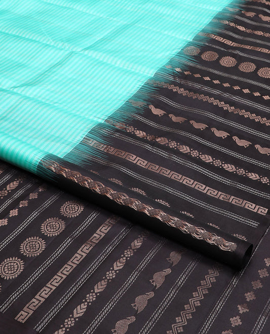 Sky blue striped mayuri soft silk saree with contrast intricate design border & geometric design pallu
