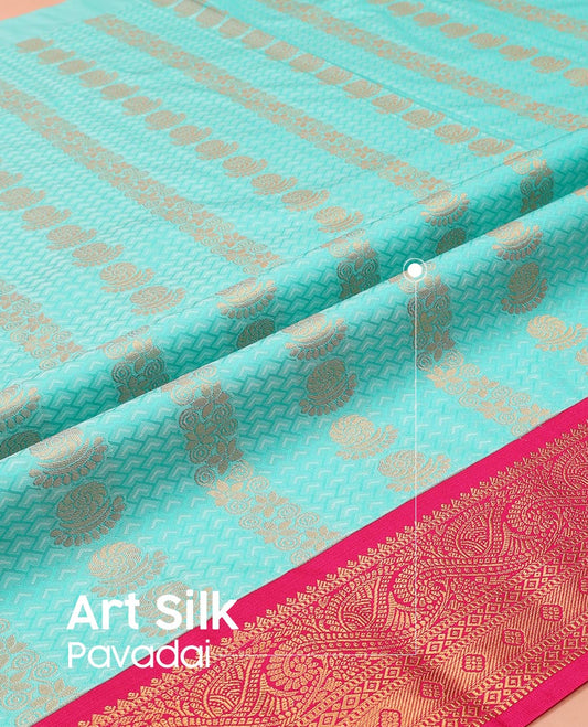 Turquoise Art Silk Pavadai Material Set Featuring Chevron and Floral Patterns on Its Skirt, Complemented by Contrast Traditional Zari Design Border, and Paired with a Contrast Blouse