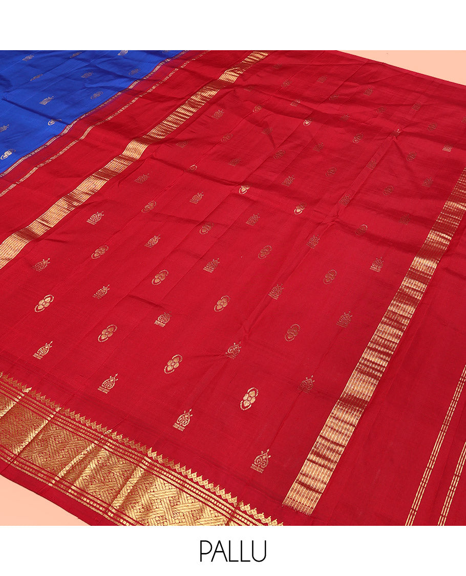 Royal Blue Kanchipuram Silk Saree, Adorned with Zari Buttas, Contrast Korvai One-Sided Border of Salngai, Banaras, Muthu, and Jaal, Zari Design Pallu, and No Blouse