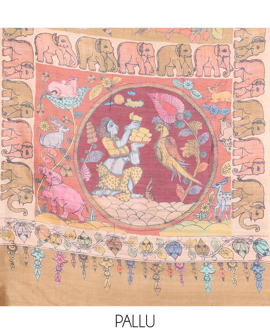 Brown Fancy Tussar Saree Features Kalamkari Floral and Animal Print, Contrast Elephant Border, Kalamkari Pallu, and a Contrast Blouse