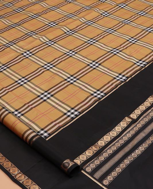 Brown Burberry-Checked Vasundhara Lite Silk Mix Saree, a Contrast Traditional Border, and a Contrast Blouse
