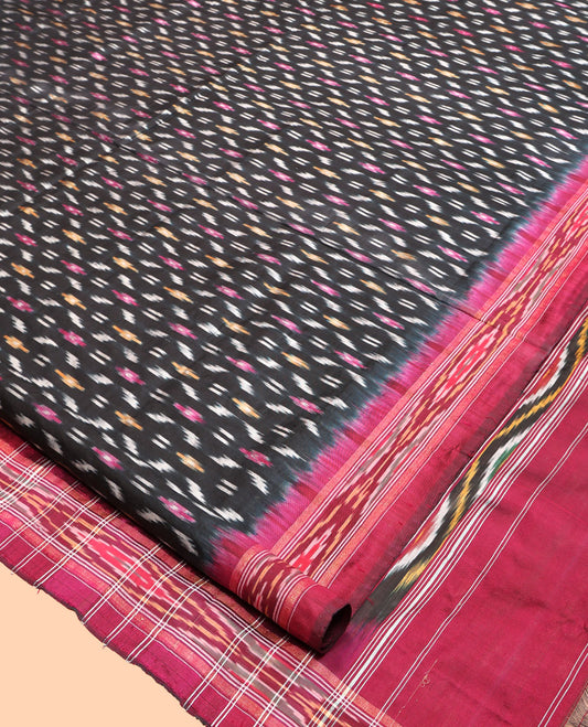 Black Pochampally Ikat Silk Saree, Steeped with Ikat Buttas, Complemented by a Contrast Ikat Border, Ikat Woven Pallu, and No Blouse