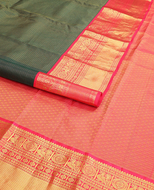 Green checked silk saree with contrast border of rekku, kathir, paun, mayil, poo chakram, mayil kann design & checked pallu