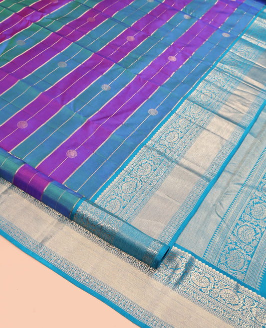 Blue-Purple Vasundhara Silk Saree, Adorned with Buttas and Stripes, Contrast Kodi Visiry Border, Rich Pallu, and Contrast Blouse