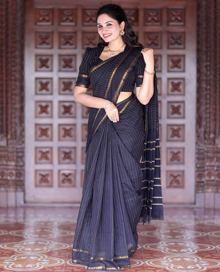 Black striped chettinad cotton saree with  rudraksham gold zari weaving border and lining chit pallu
